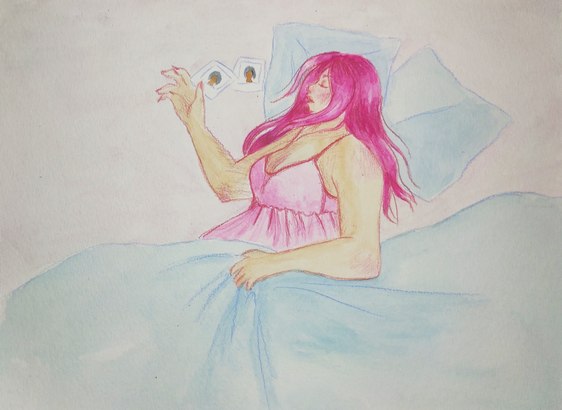 painting of a woman in pink, sleeping.