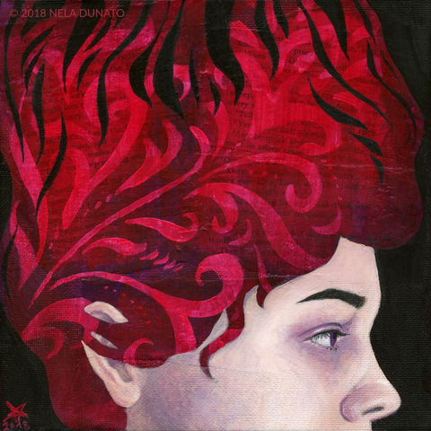 Daydreamer by Nela Dunato: Surreal mixed media acrylic portrait painting on canvas featuring a profile with ornamental red hair