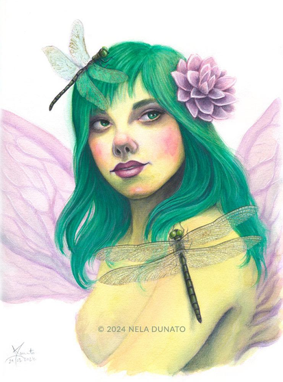 Lake Fairy by Nela Dunato: Watercolor and colored pencil drawing of a green-haired fairy with pink wings, a lotus flower on her hair and two dragonflies sitting on her.