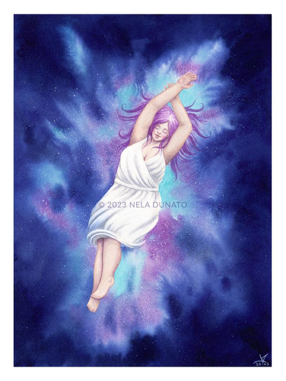 Rest by Nela Dunato: a surreal mixed media painting of a content woman in a white dress floating in a colorful space nebula