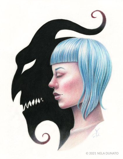 The Shadow by Nela Dunato: Surreal colored pencil portrait