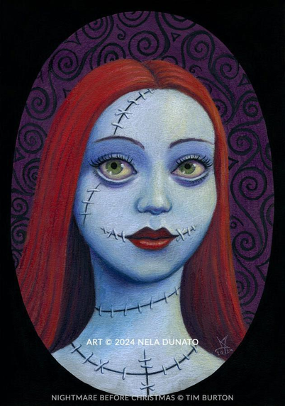 Water-soluble pastel painting of Tim Burton's character Sally in my own portrait painting style.