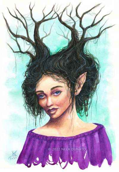 Watercolor and pencil drawing of a forest fairy with tree-shaped antlers and messy hair