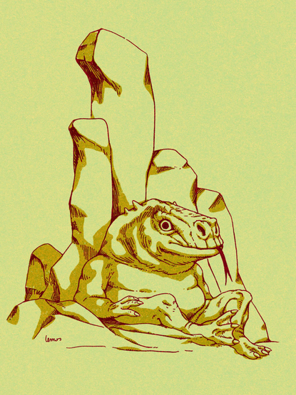 Drawing of a draconian resing next to some rocks
