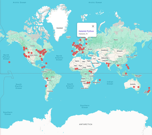 A map of the world with many red dots in the north America, Europe, and also some for the other continents. Helsinki Python is highlighted.