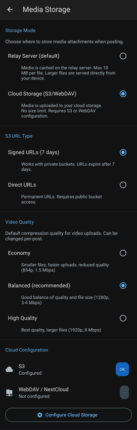 Settings screen where users choose between relay or cloud storage for media, configure S3 URL signing, select video compression quality, and manage their S3 or WebDAV connection.