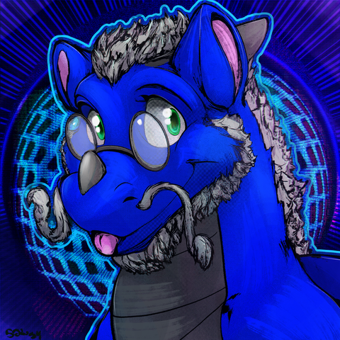 A digital art piece by Sjru depicting the blue dragon Doran, looking friendly, cute, fluffy and a bit chunky. He is wearing cute round glasses and giving a playful 'blep' with his tongue.