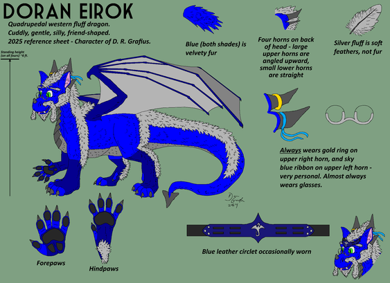 A reference sheet of Doran, a quadrupedal blue fluff dragon with a silver mane, beard, and whiskers. He has a friendly appearance and a number of details are pointed out such as round glasses, a golden ring on one horn and a light blue ribbon on the other. He wears round spectacles, and occasionally a dark blue leather circlet.