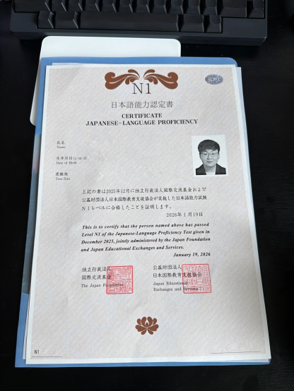 JLPT N1の認定書