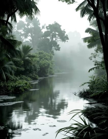 A quiet tropical river draped in mist, framed by dense palms and deep green foliage. The still water mirrors the untouched wilderness, creating a serene, almost sacred atmosphere where nature feels ancient and alive.
Ein ruhiger tropischer Fluss im Nebel, umgeben von dichten Palmen und tiefem Grün. Das stille Wasser spiegelt die unberührte Wildnis und schafft eine friedliche, fast heilige Stimmung, in der die Natur uralt und lebendig wirkt.