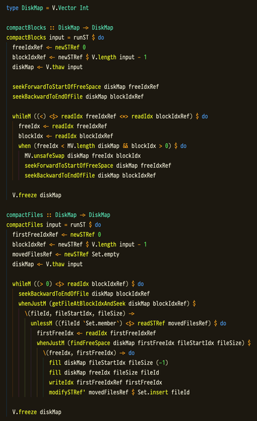 compactBlocks and compactFiles Haskell functions from https://github.com/abhin4v/AoC24/blob/main/app/Day9.hs