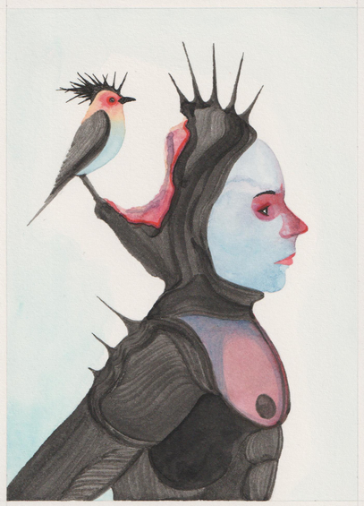 Dessin d'un oiseau perché sur le crâne à ciel ouvert d'un personnage à la peau bleu