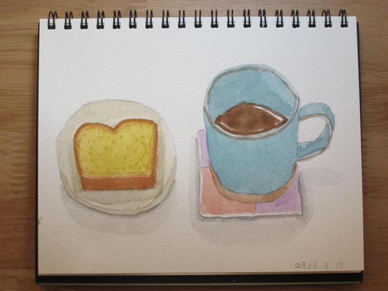 皿にのったバナナケーキと大きめのカップに入ったコーヒーを描いた水彩スケッチ