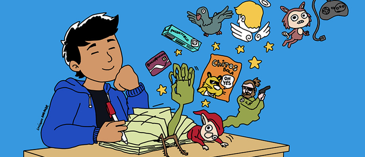 Desenho do meu personagem Luci, homem de cabelos pretos, moletom azul e camiseta preta com rosto sorrindo. Na imagem ele escreve em um caderno de onde saem monstros, duendes, personagens diversos, controles de videogame, uma pomba, um cartão de crédito e salgadinhos Cheetos.