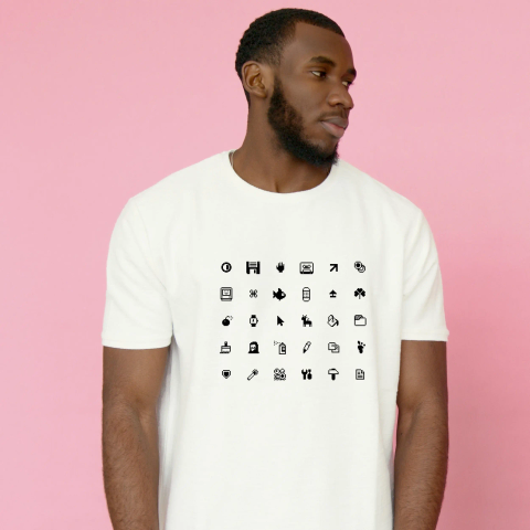 T-Shirt design: a grid of 1bit icons. Includes a tux, patch, cassette tape, folder, hammer and a foot (and many others).