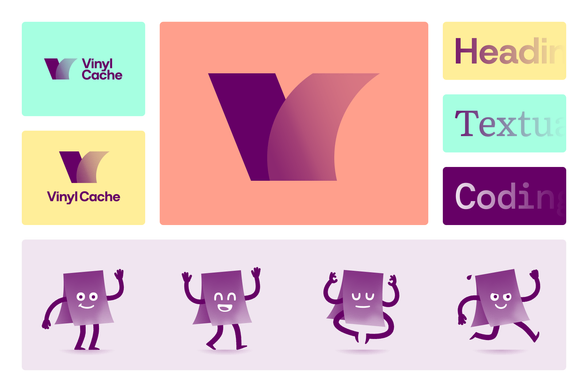 Summary of the visual identity: logos in different lockups, several colours, three typefaces (for headings, texts and code), and the Vinyl Ghost in a few situations: waving, celebrating, meditating, running.