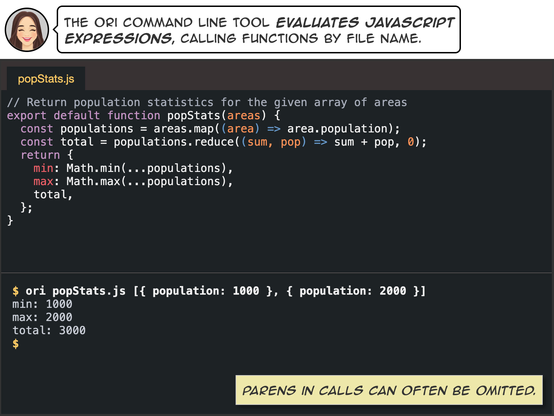 The ori command line tool evaluates JavaScript expressions, calling functions by file name.