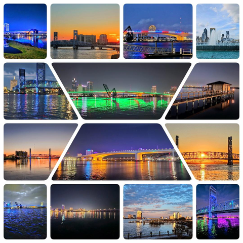 Collage of twelve images showcasing illuminated bridges in Jacksonville, Florida, at night and during sunrise/sunset, including drawbridges, suspension bridges, and a view of the city skyline reflected in the water.