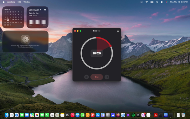 Sessions, my pomodoro timer app, running on macOS Tahoe