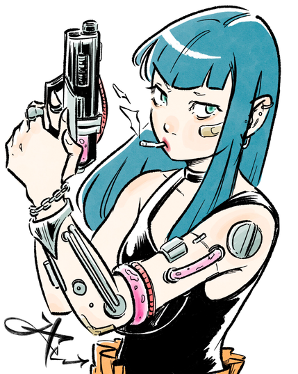 Illustration of a blue-haired woman fighting in a futuristic city.