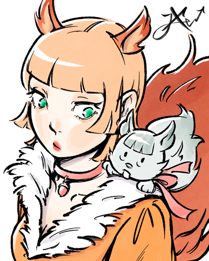 Illustration of Squirrel Girl in an orange costume with her signature squirrel tail, looking at a small squirrel sitting on her shoulder.