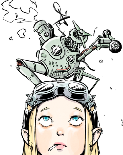 Illustration of a small armored robot sitting on top of a girl’s head. The robot features a detailed mechanical body, while the girl wears steampunk goggles.