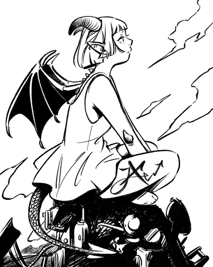 A tiefling sitting on a high ledge, quietly lost in thought.