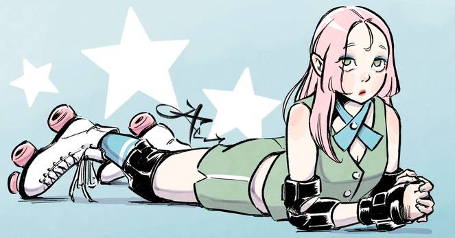 Illustration of a roller derby girl wearing protective gear and roller skates, inspired by Whip It.