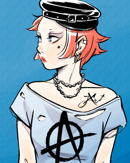 Punk-style illustration of a girl wearing a T-shirt with the anarchy symbol.