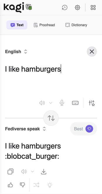 Screenshot of Kagi Translate tool showing the sentence "I like hamburgers" entered in English and converted to "I like hamburgers :blobcat_burger:" in a "Fediverse speak" output.