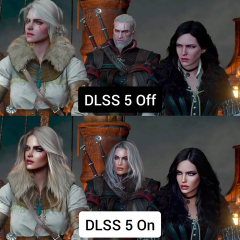 Comparison between 3D game characters with and without DLSS 5 AI processing. The version with DLSS processing has turned a grey-haired man into a long-haired woman.