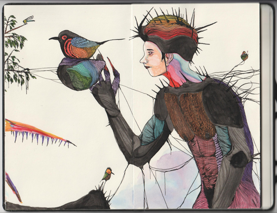 Dessin d'un personnage plein de piquants qui approche sa main d'un oiseau posé sur une sorte de nid volant.