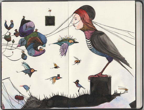 Le personnage précédent avec des fils dans le dos auxquels étaient reliés d'autres nids volant, sur lesquels sont posés des minis oiseaux. Il y a aussi une chimère oiseau relié aux nids par les cheveux.