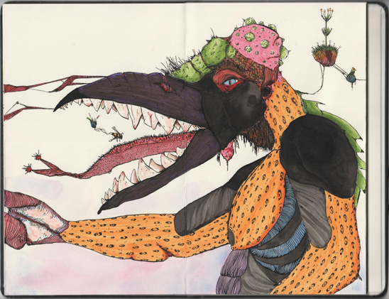 Il repousse un monstre avec un gros bec plein de dents qui a des taches de panthère sur le corps.