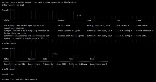 Output of a search prompt showing the results from searching for the term "3.15" (returning 3 talks) and "eckel" (returning 1 talk)