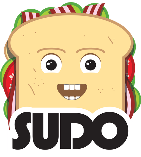 A vibrant cartoon logo shows a sandwich with a friendly face, including wide eyes and a smile, built with layers of red tomatoes, green lettuce, and crispy bacon. Centered below the sandwich is the text 'SUDO' in large, dark, bold letters with a slight white outline. The overall design has a light-hearted, playful, and charming cartoon look, with a white background and sharp, clean lines.