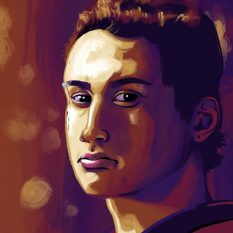 A time-lapse of an illustration being created. The illustration is of a man looking at the viewer. His body is facing slightly away, and his eyes are turned, looking to the right, toward the viewer. The man has a light or medium complexion, dark eyes, and dark hair. He has a serious look on his face, and the light in the scene is very dramatic, lighting up the left side of his face very bright, and fading to red and purple hues in the shadows on the right. The background is a blurry maroon color with indistinct points of light scattered around. The illustration has a painterly look to it.
