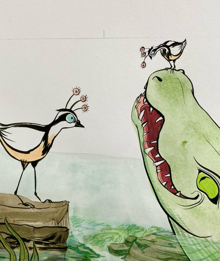 A detail of the crocodile painting with some birds, one of them next to the crocodile and the other on top of his snout. 