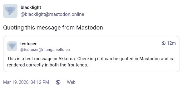 Screenshot of an Akkoma post quoted by a Mastodon user