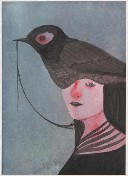 Dessin d'un oiseau posé sur la tête d'un personnage. Il tient des cheveux de celui-ci dans son bec.