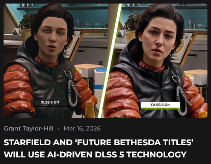Screenshot from an article thumbnail in which there is a screenshot of the video game Starfield, and the article title says: "Starfield and 'future Bethesda titles' will use AI-driven DLSS 5 technology".

