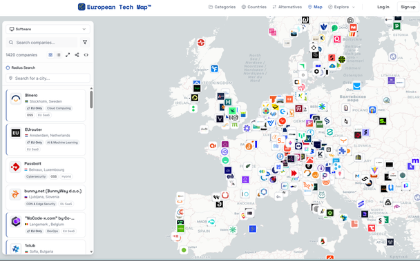 Screenshot der European Tech Map: Interaktive Karte Europas mit farbigen Pins für Tech-Unternehmen, Sidebar mit Suchleiste, Kategorien wie „Analytics“, „Auth“, „Database“, Filteroptionen und Firmenlogos. 