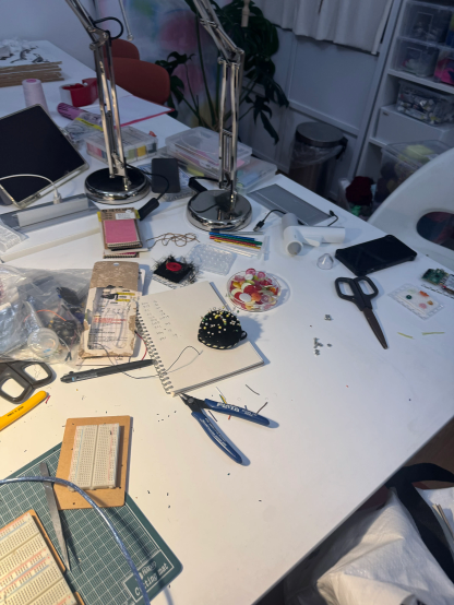 Messy desk covered with wires and threads