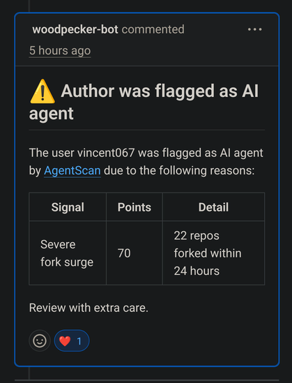 forge comment on a pull, showing a bot comment that has detected AI contribution