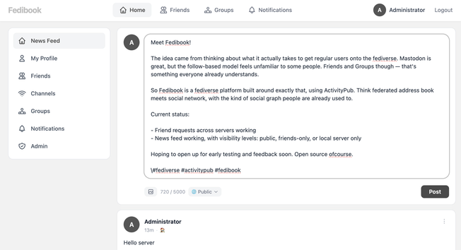 Screenshut of fedibook dev server