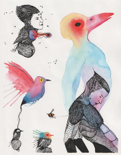Plusieurs dessins sur une page de carnet. Il y a un personnage humain en noir et blanc de profil dont semble s'extraire du corps, un spectre multicolore à tête d'oiseau. Il y a un petit bourdon de quelques millimètres et des nuées d'oiseaux minuscules. Il y a un oiseau en noir et blanc, de sa tête semble s'envoler un spectre d'oiseau coloré. Il y a une chimère oiseau avec une sorte de coeur externe coloré.