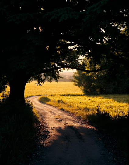 A winding path slips from shadow into warm light, where a lone tree stands between darkness and gold. A quiet moment of contrast, softness, and the gentle pull of open fields.
 Ein geschwungener Weg gleitet aus dem Schatten ins warme Licht, wo ein einzelner Baum zwischen Dunkelheit und Gold steht. Ein stiller Moment voller Kontrast, Sanftheit und der leisen Weite offener Felder.