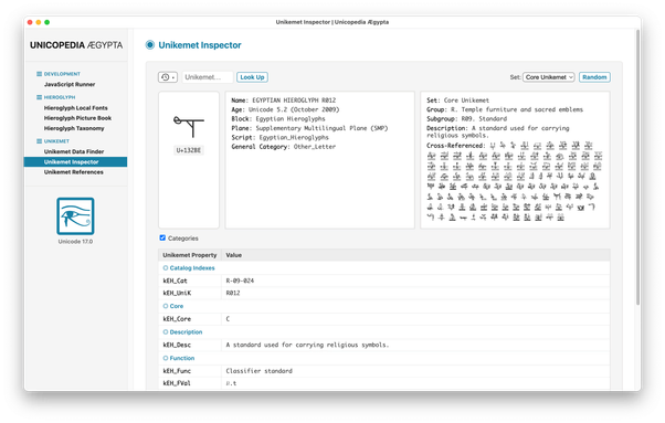 Screenshot of the Unikemet Inspector utility of the Unicopedia Ægypta application