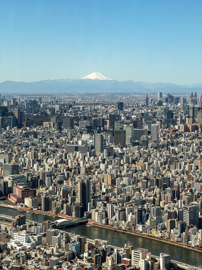 Photo of dense urban development from the top of an observation tower with Mt. Fuji in the distant background.