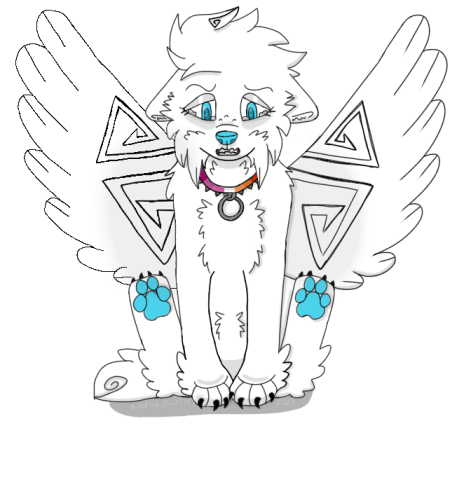 WAFRN user Sonder’s fursona, a white wolf with blue eyes, blue paw pads and a blue nose. She wears a spiked collar that’s orange, white and pink. She’s sitting down with tears in her eyes. In this particular drawing she’s depicted with white wings which are spread out. 